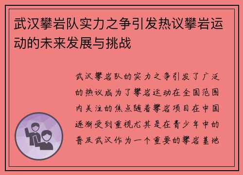 武汉攀岩队实力之争引发热议攀岩运动的未来发展与挑战