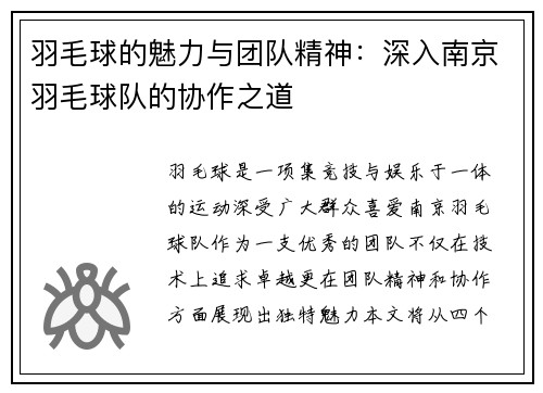 羽毛球的魅力与团队精神：深入南京羽毛球队的协作之道