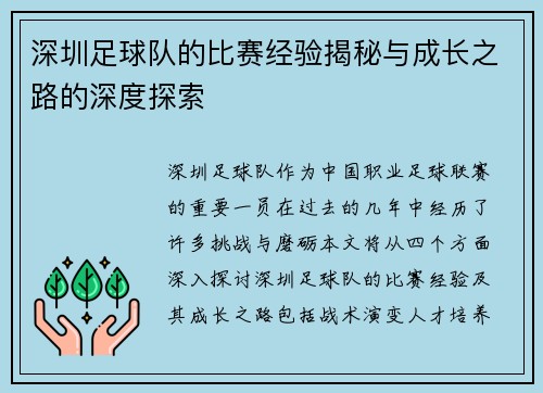 深圳足球队的比赛经验揭秘与成长之路的深度探索