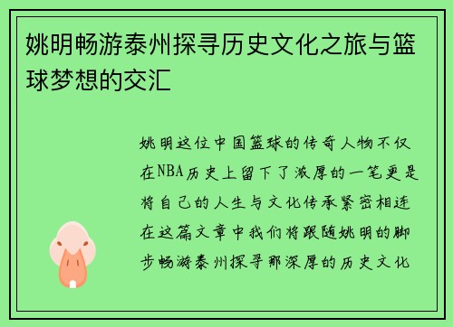 姚明畅游泰州探寻历史文化之旅与篮球梦想的交汇