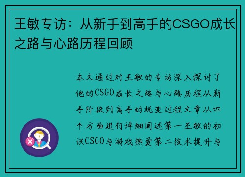 王敏专访：从新手到高手的CSGO成长之路与心路历程回顾