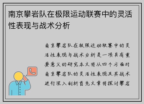 南京攀岩队在极限运动联赛中的灵活性表现与战术分析