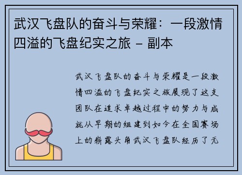 武汉飞盘队的奋斗与荣耀：一段激情四溢的飞盘纪实之旅 - 副本