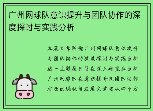 广州网球队意识提升与团队协作的深度探讨与实践分析